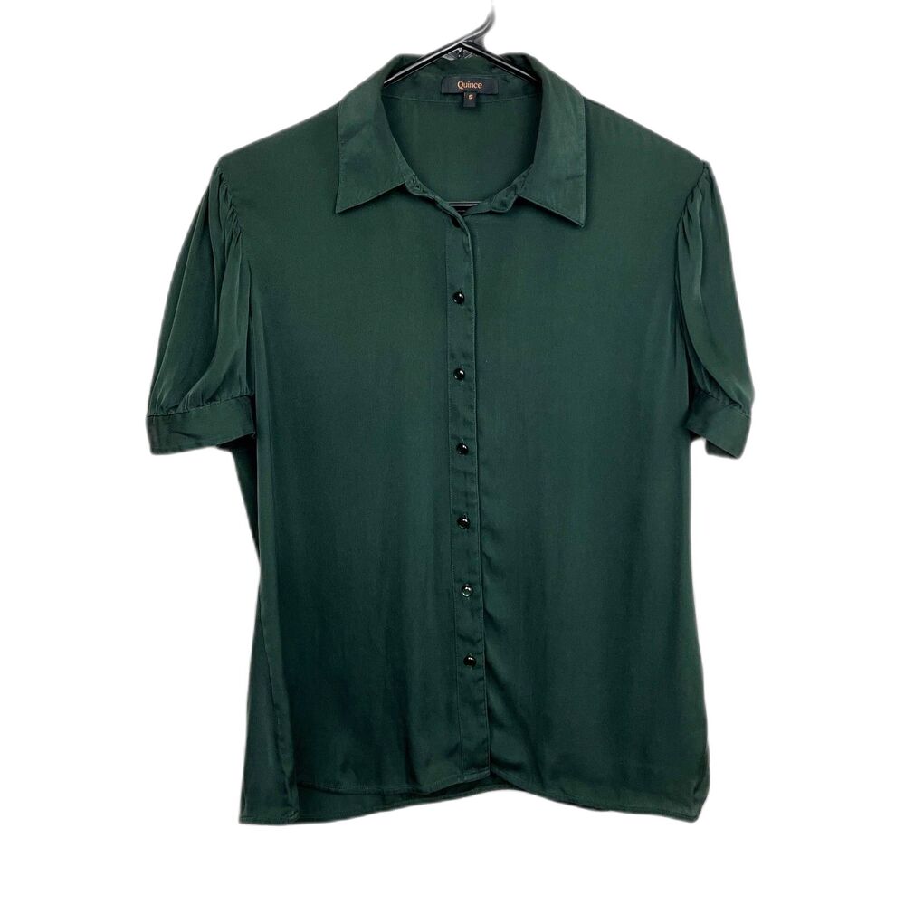 QUINCE Green Silk Short Sleeve Button Up Shirt Top Blouse Women's Size Small